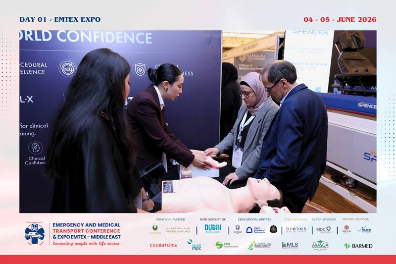 Medical training demonstration with a patient simulator at the EMTEX 2026 educational booth.