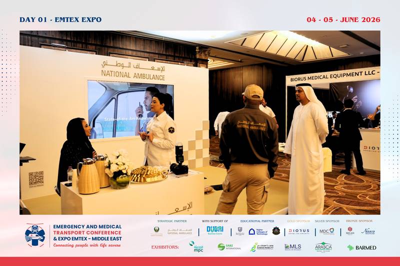 Professional discussion at the National Ambulance exhibition stand during the EMTEX 20Professional discussion at the National Ambulance exhibition stand during the EMTEX 2026 conference in Dubai.26 conference in Dubai.